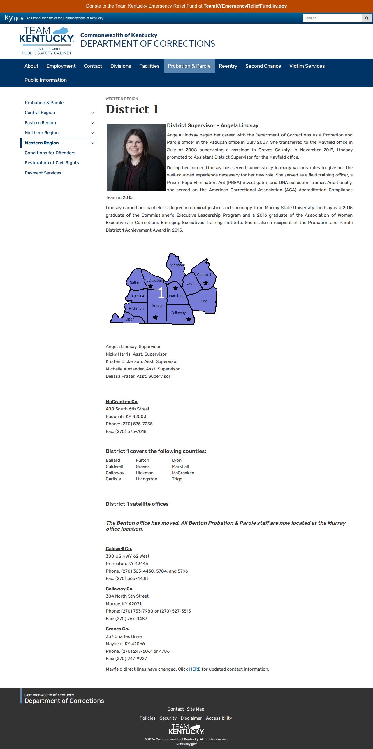 Calloway County parole and probation District 1 office information